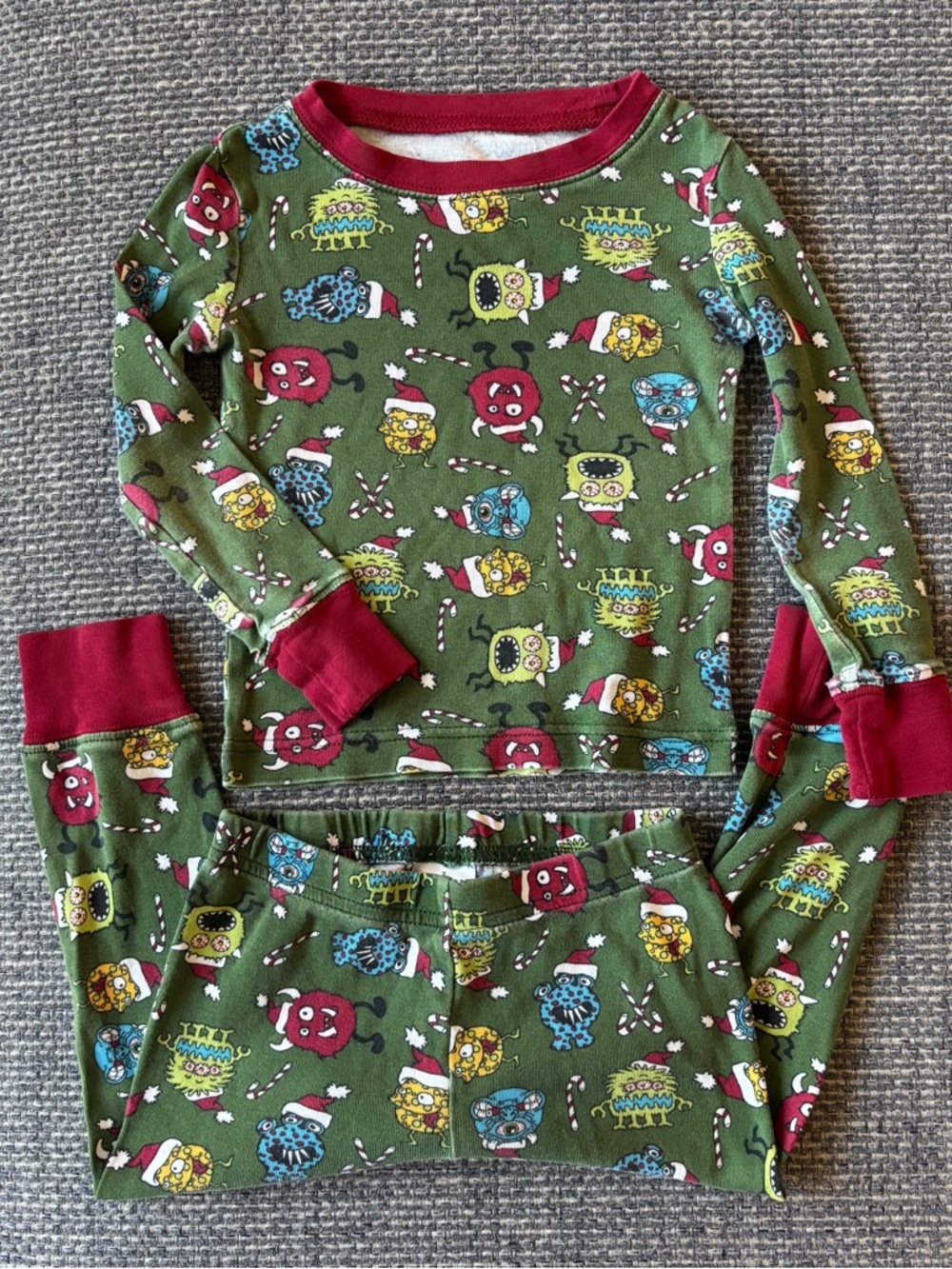 The Children's Place Green Monster Holiday Pajama Set with Red Trim